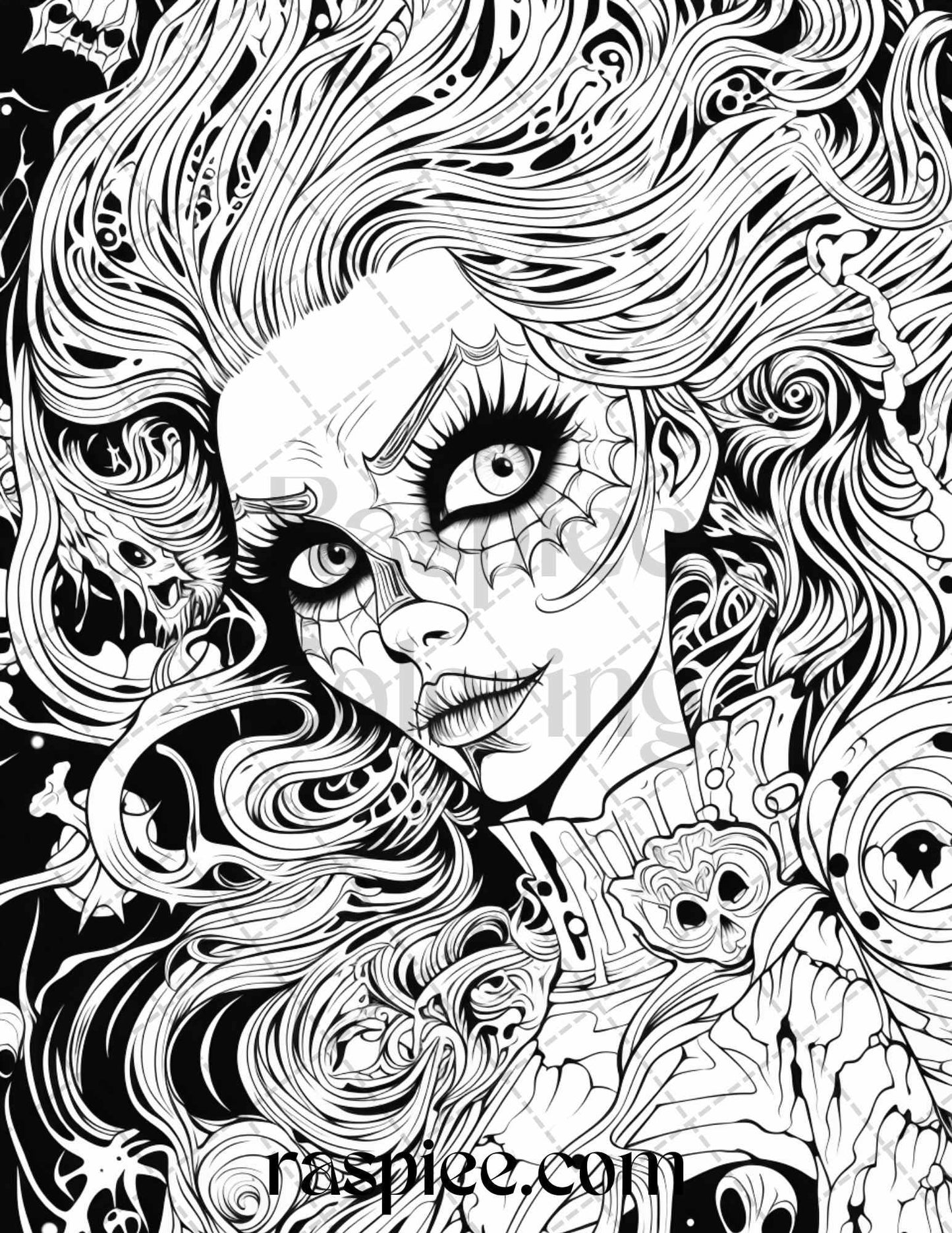 50 Spooky Miss Nightmare Grayscale Coloring Pages Printable for Adults, PDF File Instant Download