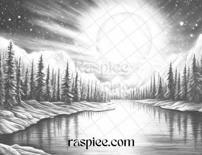 Aurora Borealis Landscape Grayscale Coloring Pages for Adults, Printable PDF File Instant Download