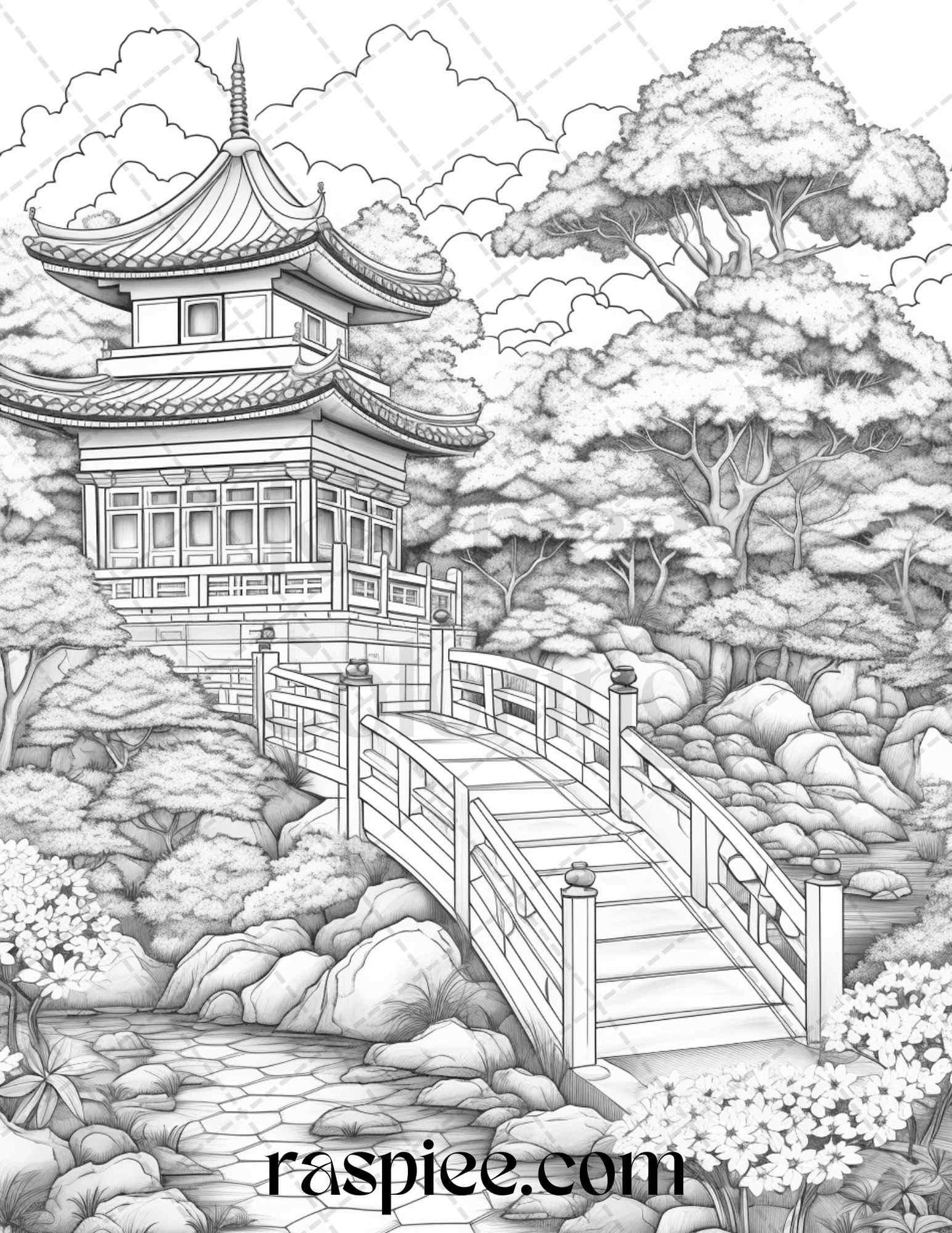 Japanese Garden Grayscale Coloring Pages Printable for Adults, PDF File Instant Download