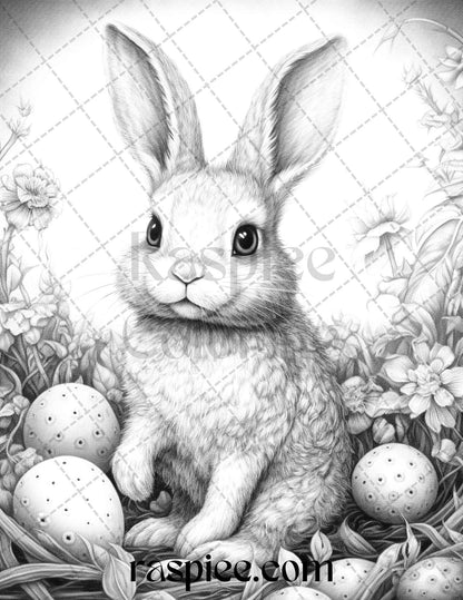 50 Rabbit Garden Grayscale Coloring Pages Printable for Adults, PDF File Instant Download