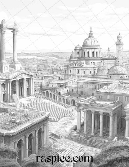 Roman Architecture Grayscale Coloring Pages Printable for Adults, PDF File Instant Download