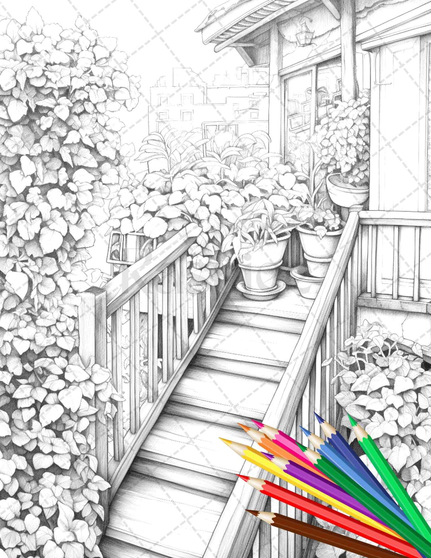 Charming Balcony Garden Grayscale Coloring Pages Printable for Adults, PDF File Instant Download