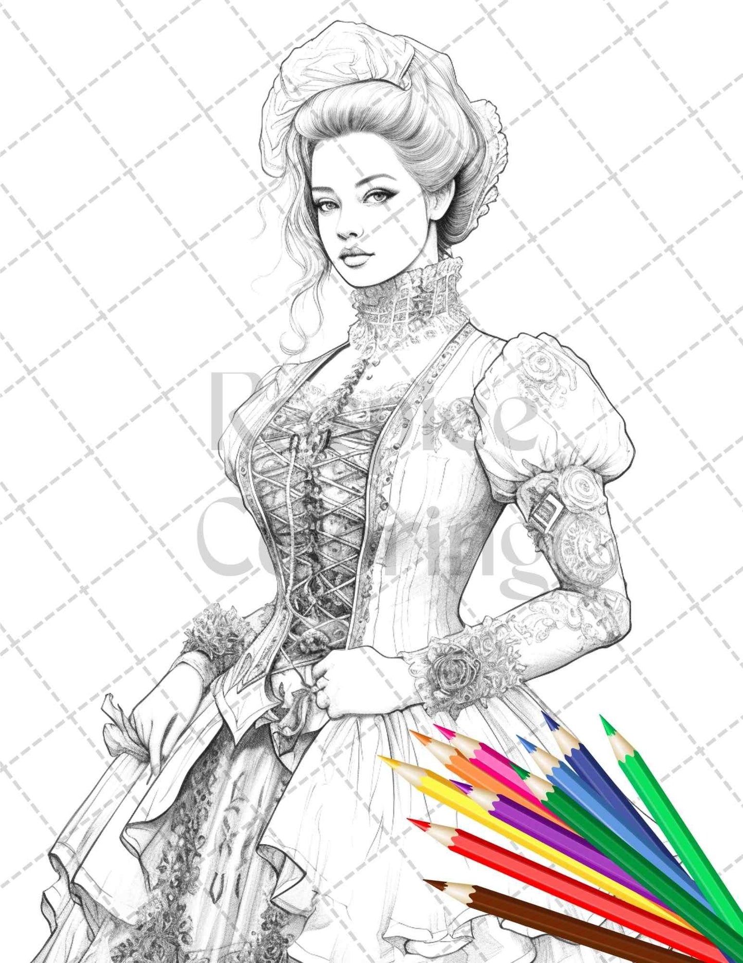 50 Victorian Fashion Grayscale Coloring Pages Printable for Adults, PDF File Instant Download