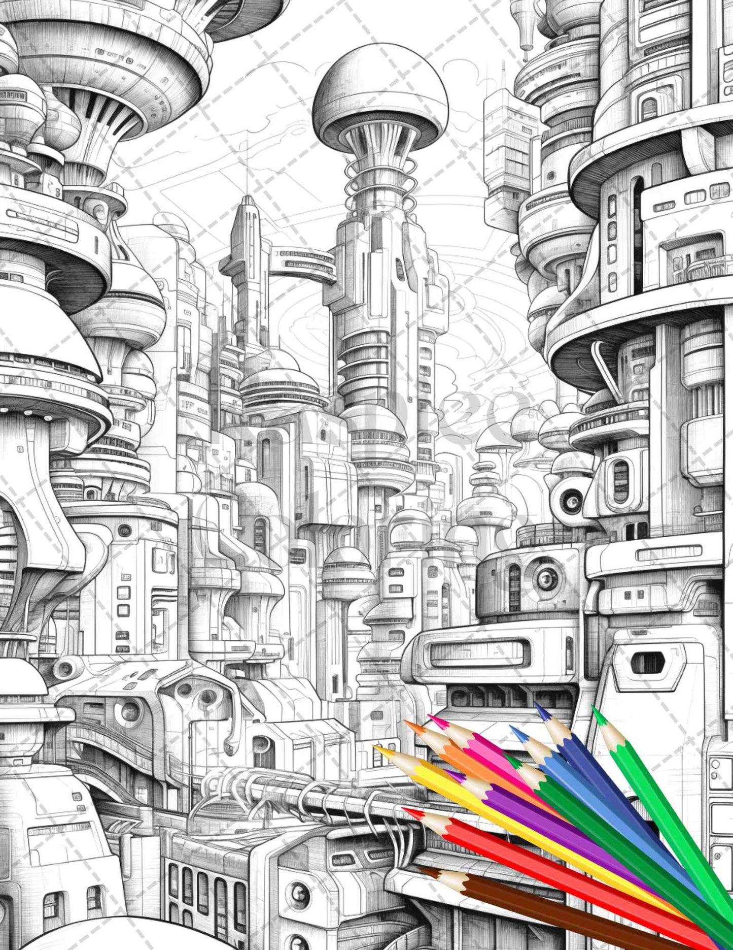50 Futuristic Metropolis Grayscale Coloring Pages Printable for Adults, PDF File Instant Download