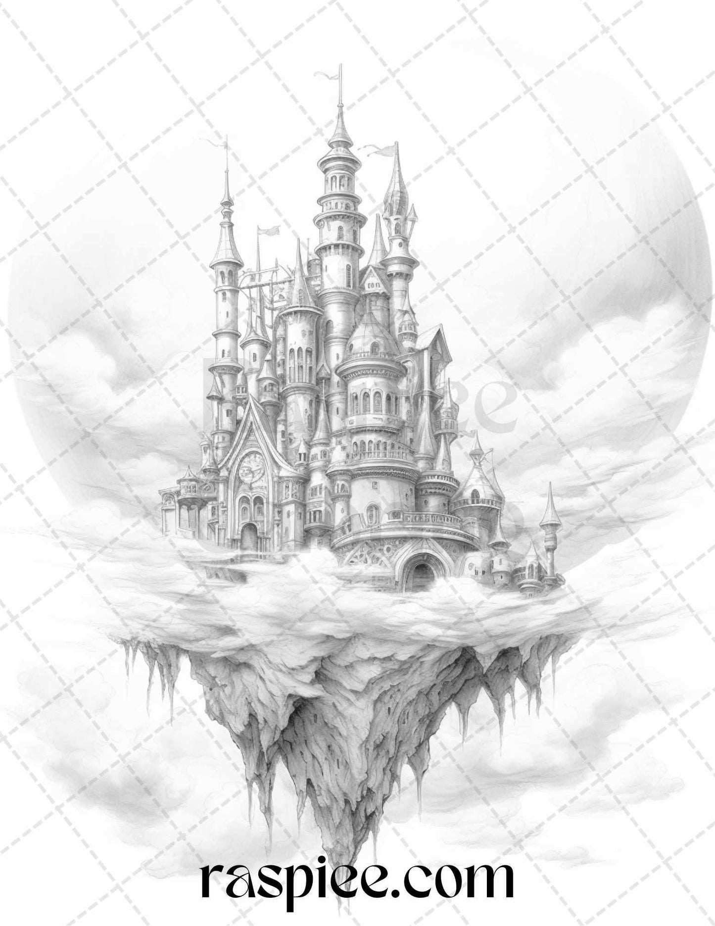 Floating Castle in the Sky Grayscale Coloring Pages for Adults, Printable PDF File Instant Download