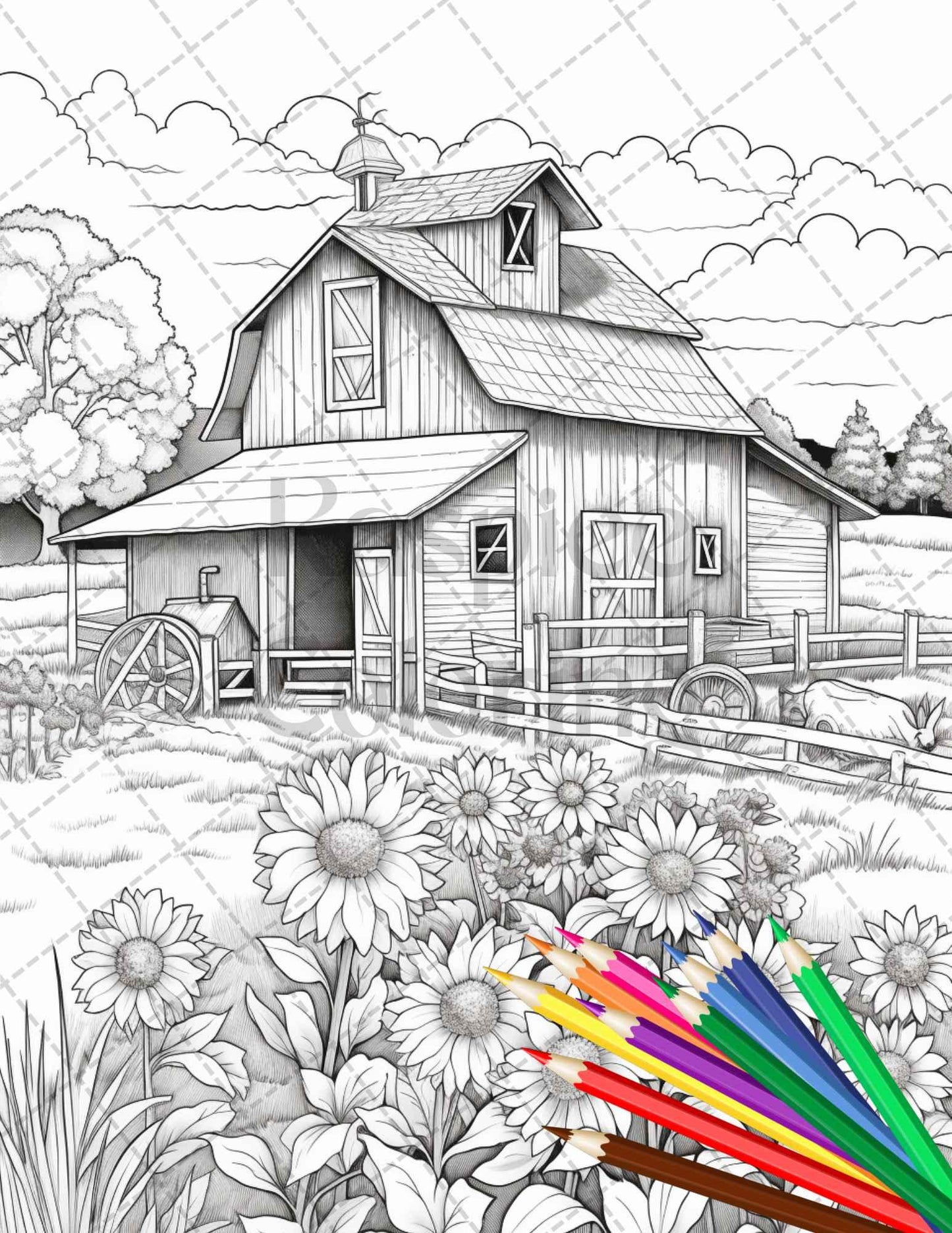 Charming Farmhouse Scenery Grayscale Coloring Pages Printable for Adults, PDF File Instant Download