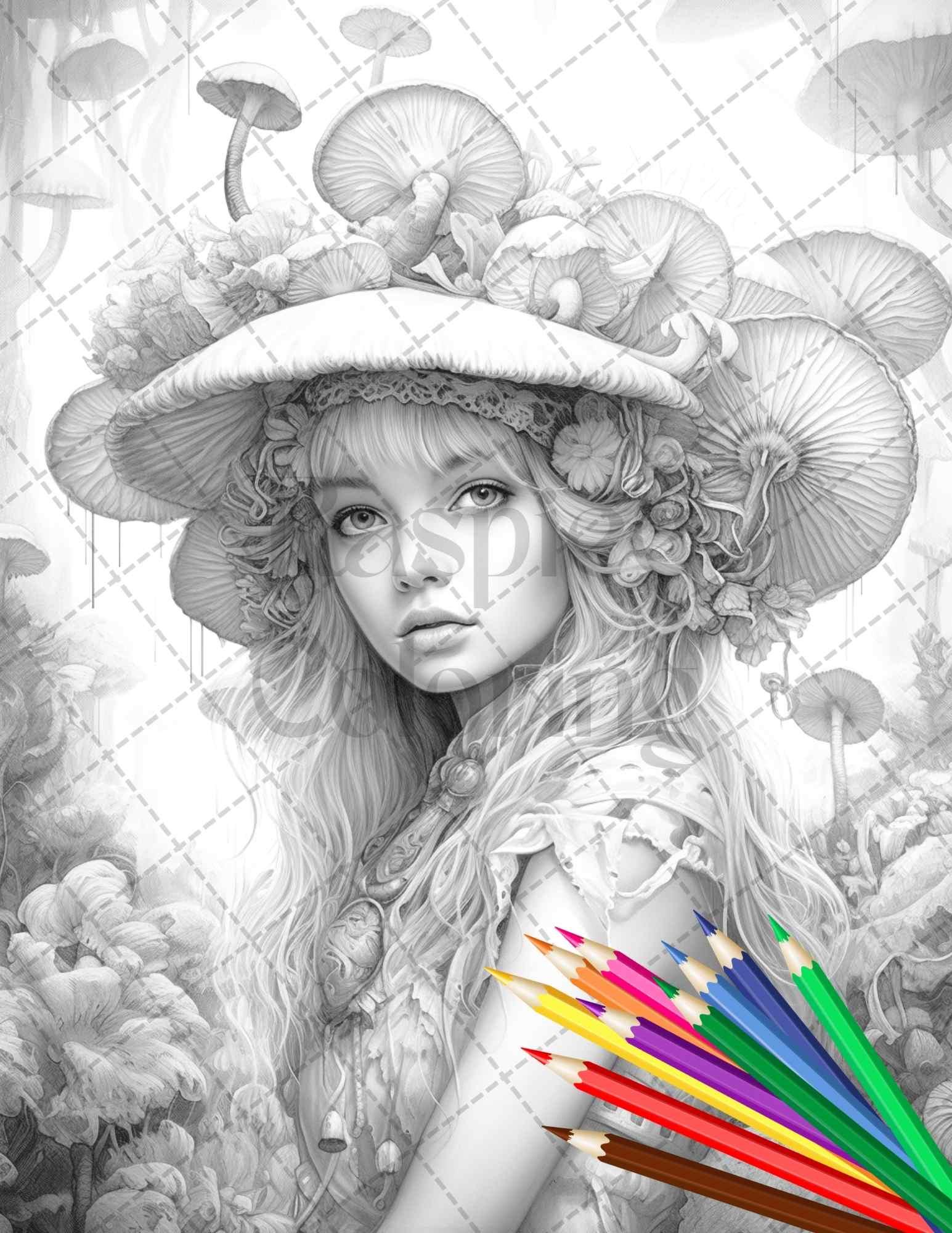 50 Mushroom Fairy Grayscale Coloring Pages Printable for Adults, PDF File Instant Download