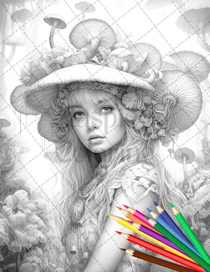 50 Mushroom Fairy Grayscale Coloring Pages Printable for Adults, PDF File Instant Download