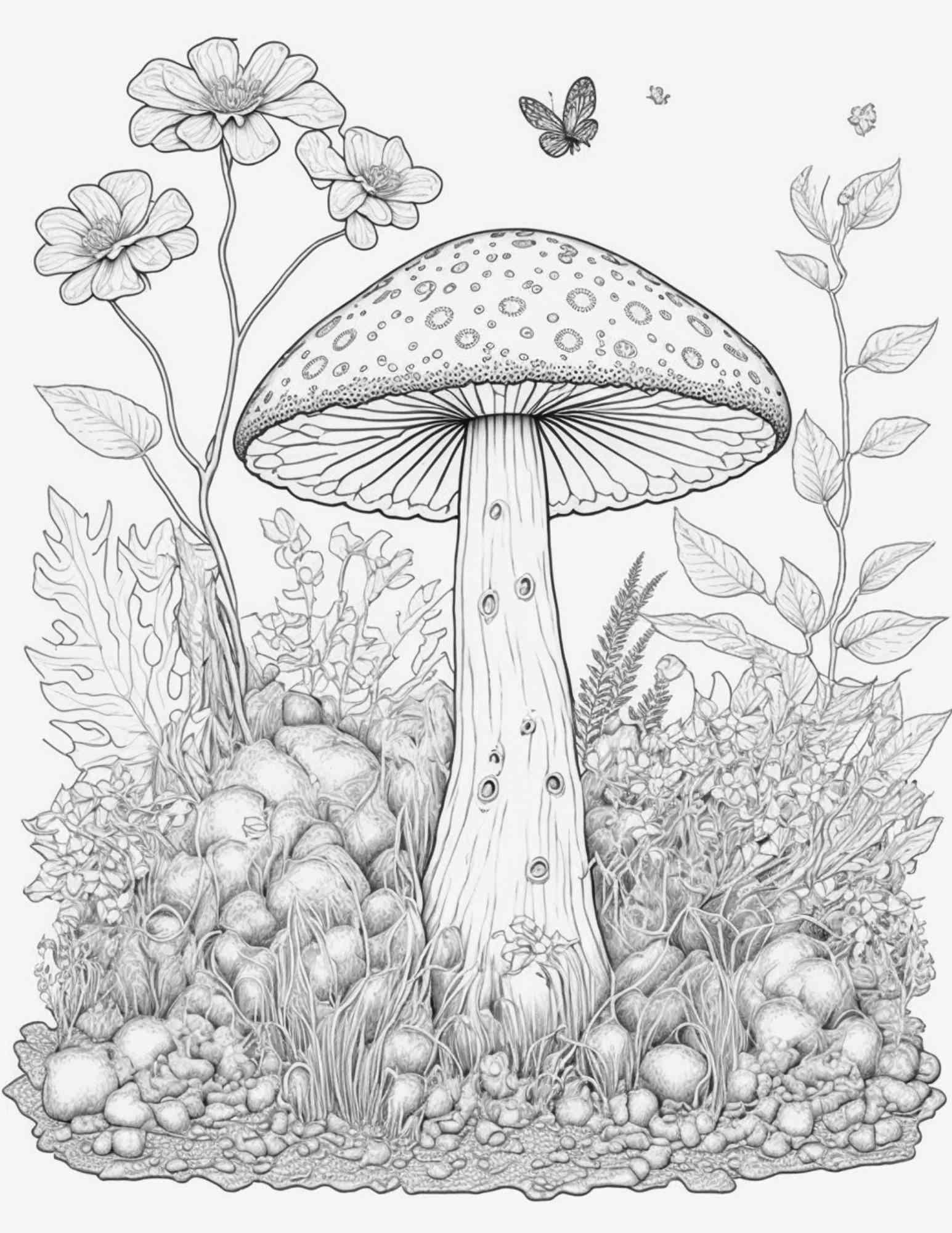 100 Mushroom Forest Coloring Pages Printable for Adults and Kids, Grayscale Coloring Book, Printable PDF File Instant Download