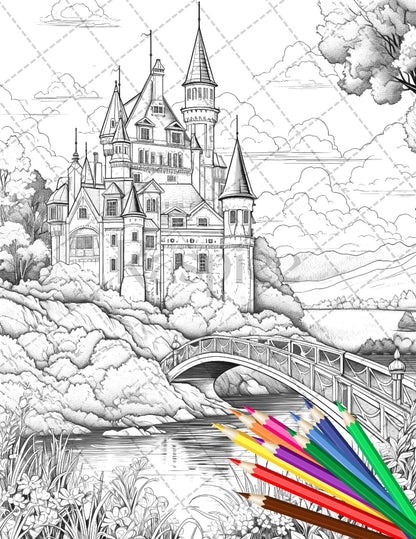 122 Fantasy Castles Coloring Book for Adults, Grayscale Coloring Page, Printable PDF Instant Download