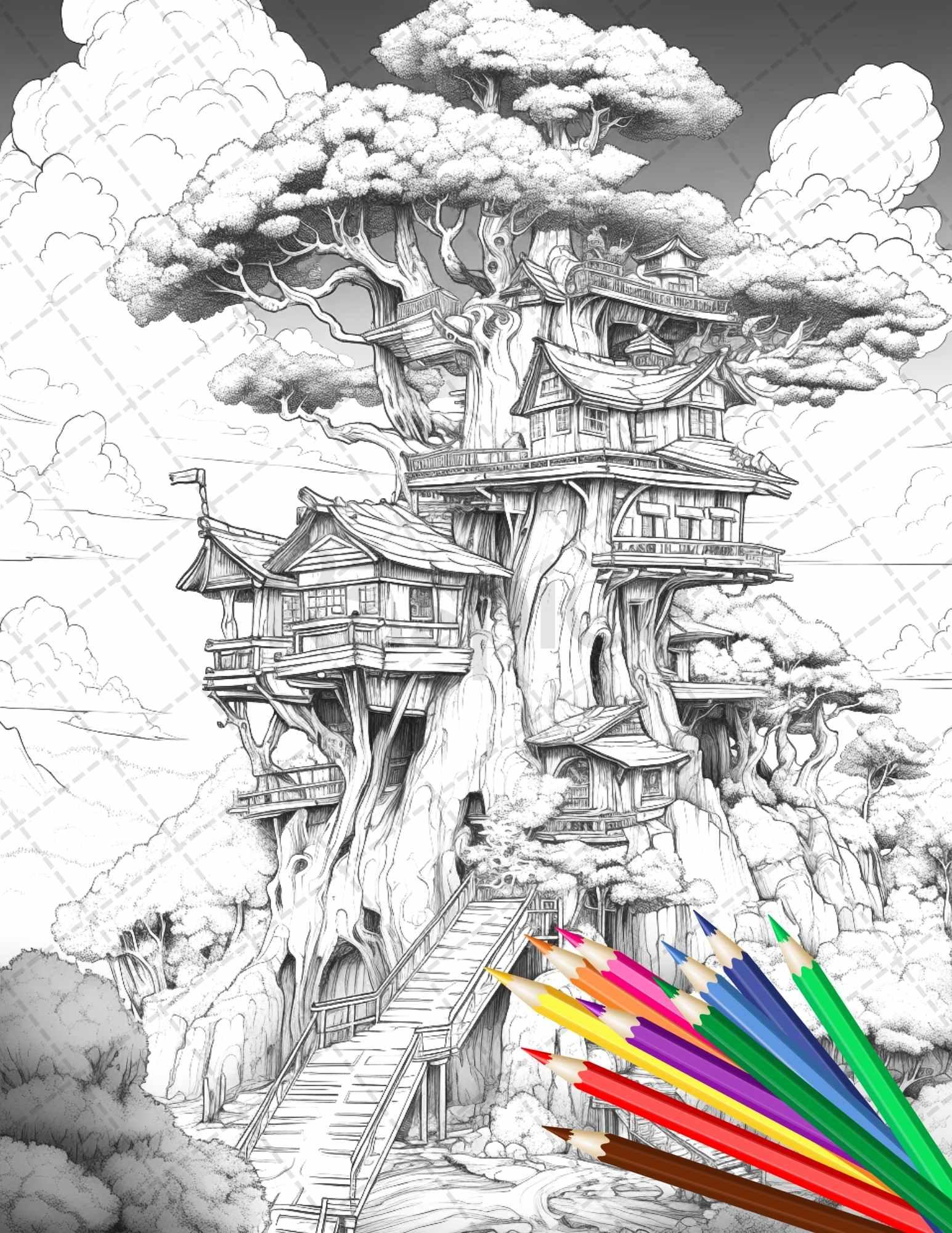 110 Enchanted Treehouse Coloring Book Printable for Adults, Grayscale Coloring Page, PDF File Instant Download
