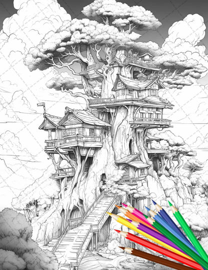 110 Enchanted Treehouse Coloring Book Printable for Adults, Grayscale Coloring Page, PDF File Instant Download
