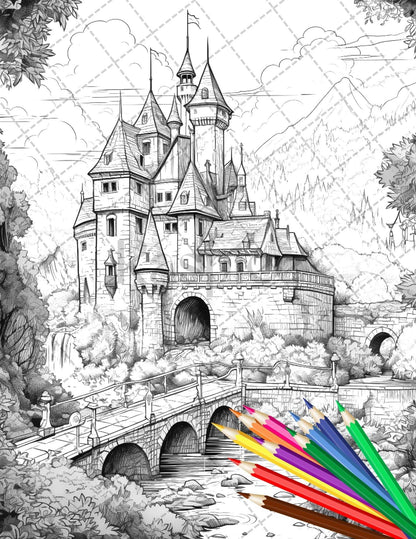 122 Fantasy Castles Coloring Book for Adults, Grayscale Coloring Page, Printable PDF Instant Download