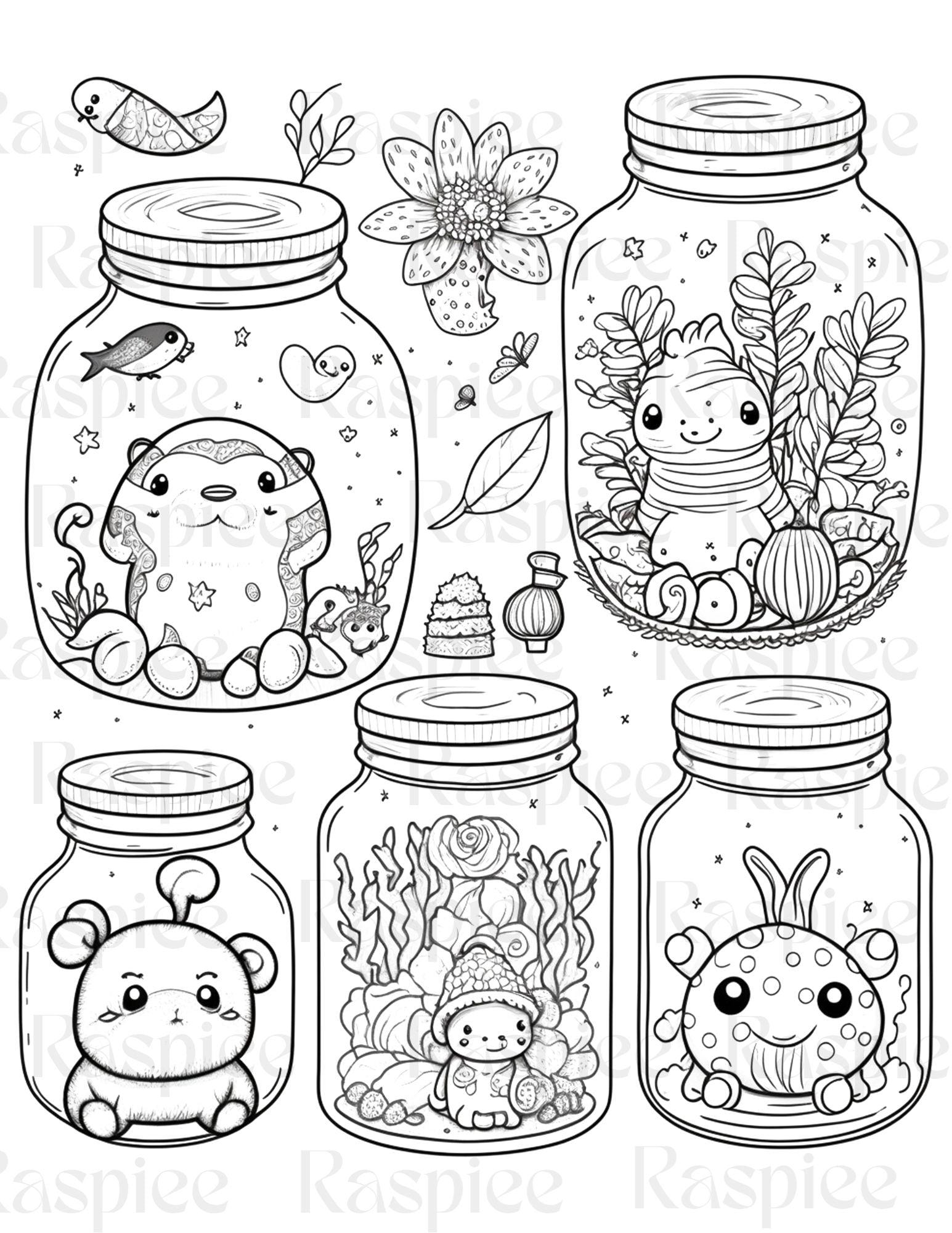 100 Animal in Jar Coloring Pages, Printable Coloring Pages for Kids and Adults, Printable PDF File Instant Download