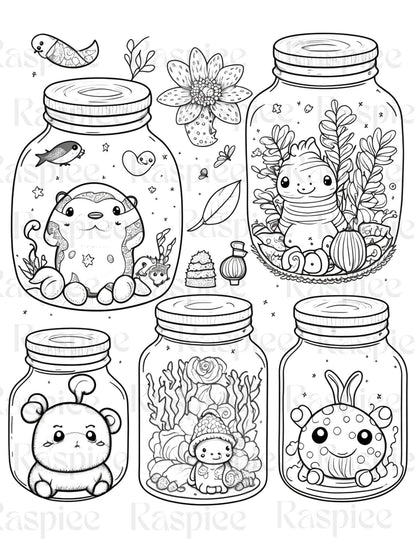 100 Animal in Jar Coloring Pages, Printable Coloring Pages for Kids and Adults, Printable PDF File Instant Download