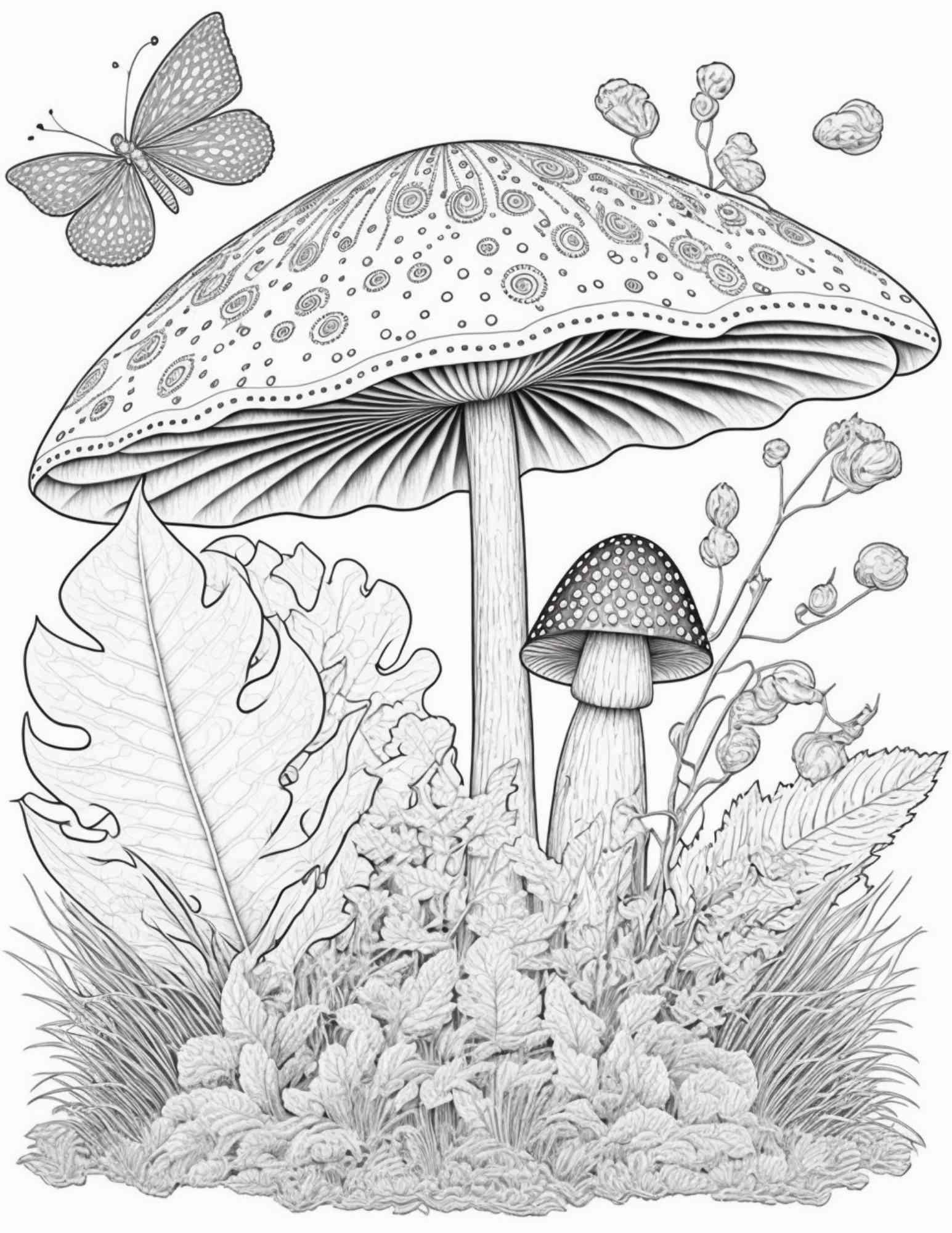 100 Mushroom Forest Coloring Pages Printable for Adults and Kids, Grayscale Coloring Book, Printable PDF File Instant Download