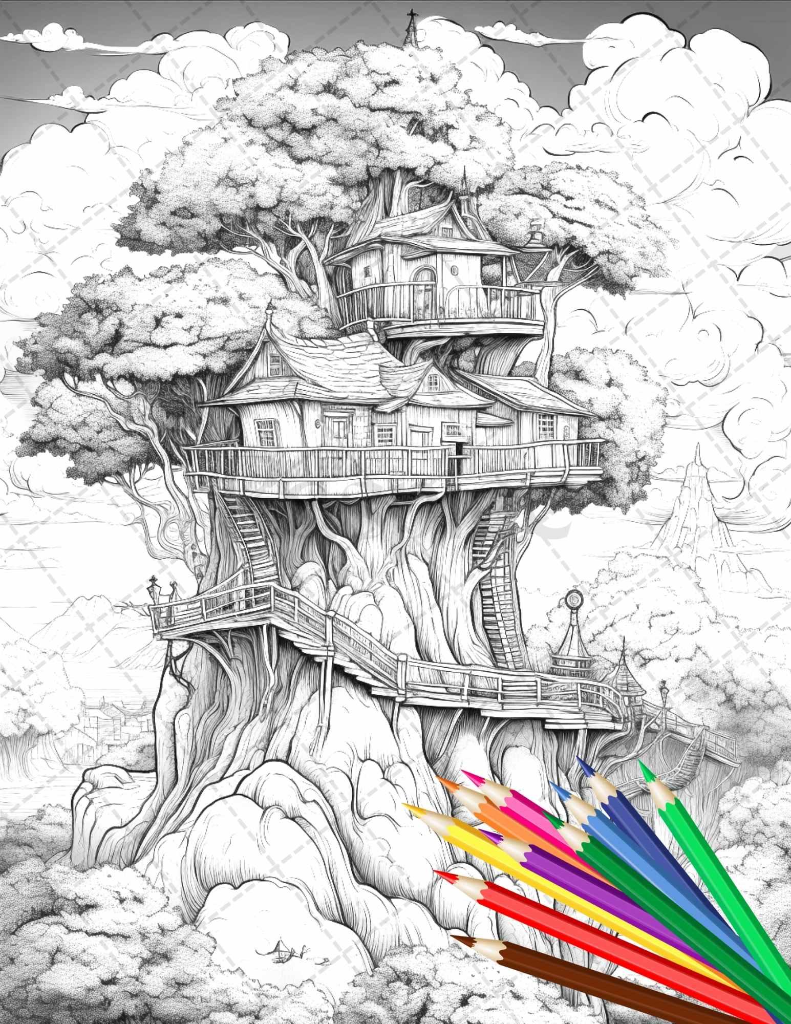 110 Enchanted Treehouse Coloring Book Printable for Adults, Grayscale Coloring Page, PDF File Instant Download