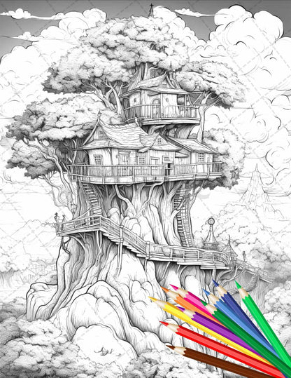 110 Enchanted Treehouse Coloring Book Printable for Adults, Grayscale Coloring Page, PDF File Instant Download