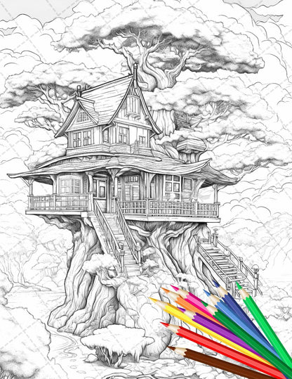 110 Enchanted Treehouse Coloring Book Printable for Adults, Grayscale Coloring Page, PDF File Instant Download