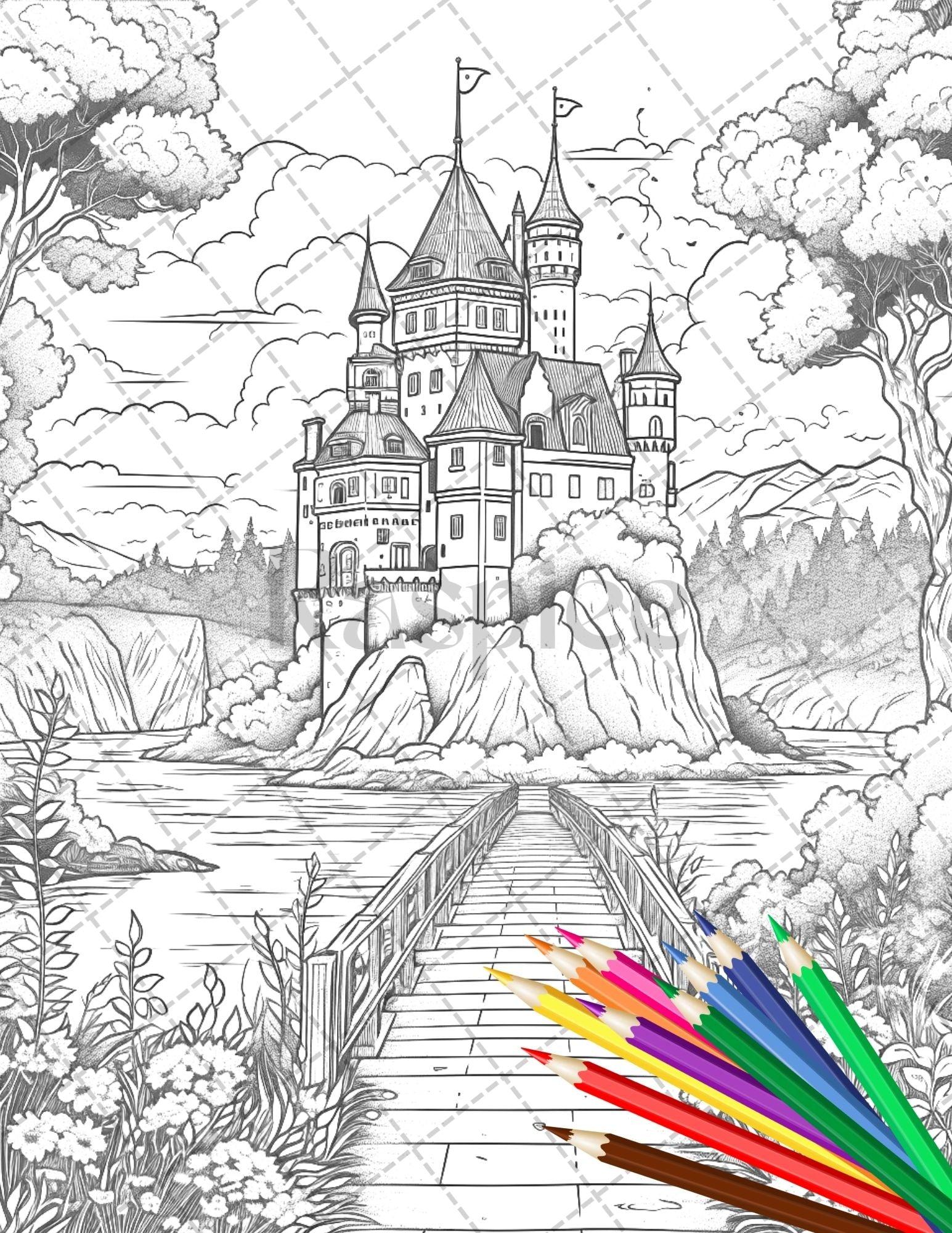 122 Fantasy Castles Coloring Book for Adults, Grayscale Coloring Page, Printable PDF Instant Download