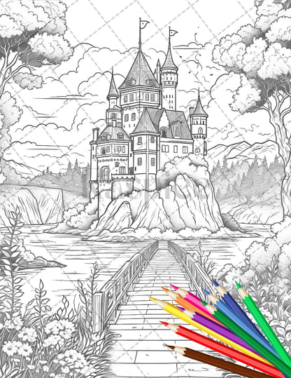 122 Fantasy Castles Coloring Book for Adults, Grayscale Coloring Page, Printable PDF Instant Download
