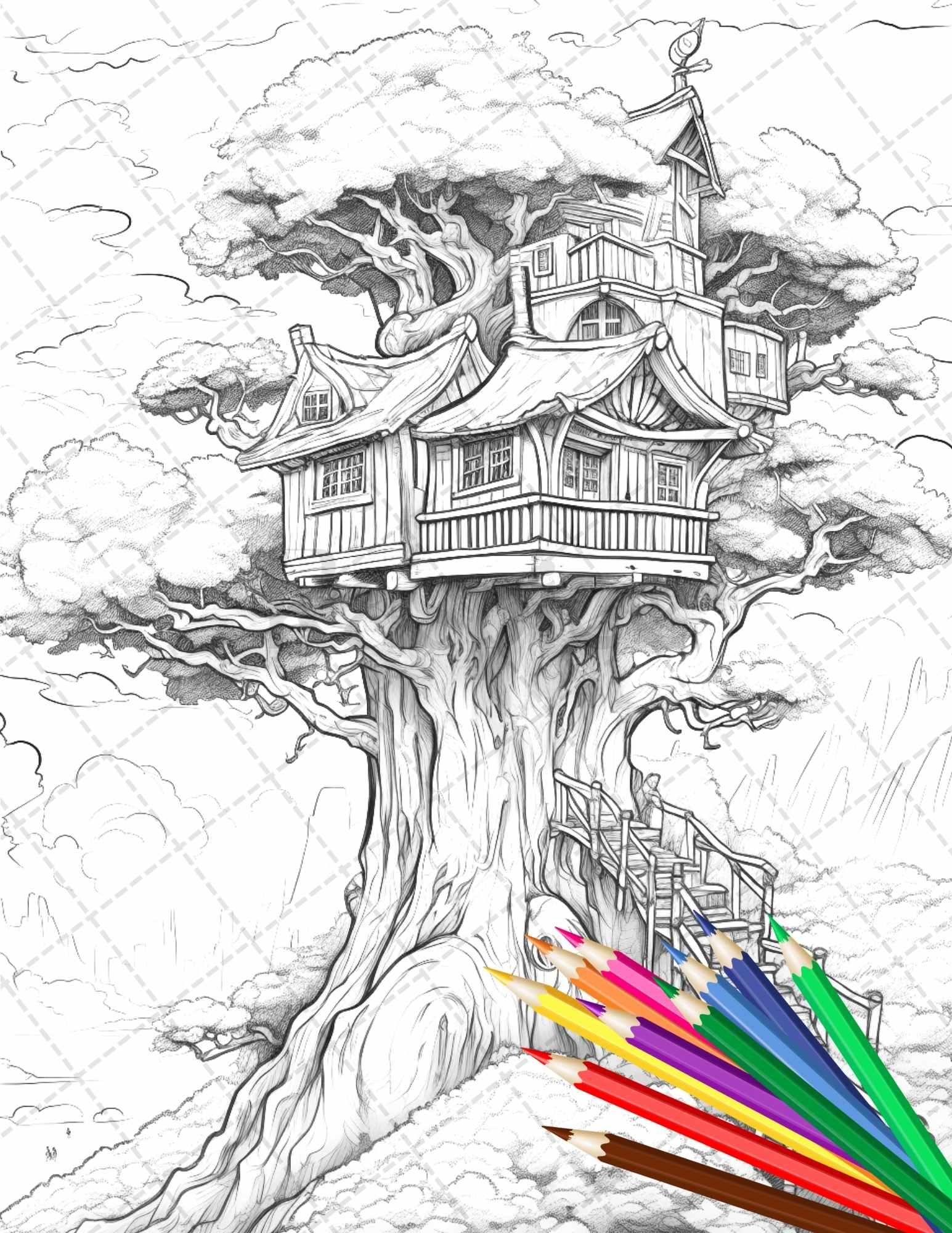 110 Enchanted Treehouse Coloring Book Printable for Adults, Grayscale Coloring Page, PDF File Instant Download
