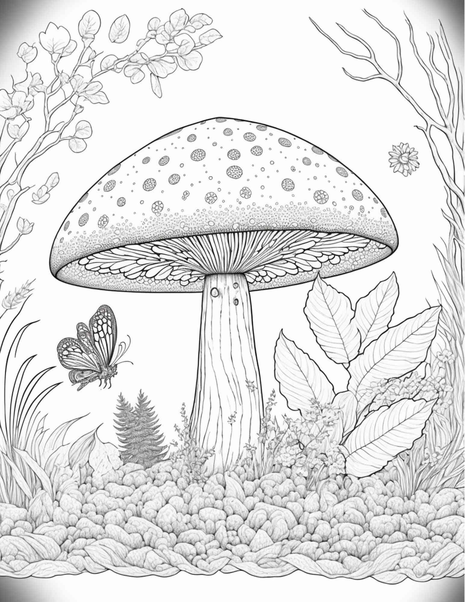 100 Mushroom Forest Coloring Pages Printable for Adults and Kids, Grayscale Coloring Book, Printable PDF File Instant Download