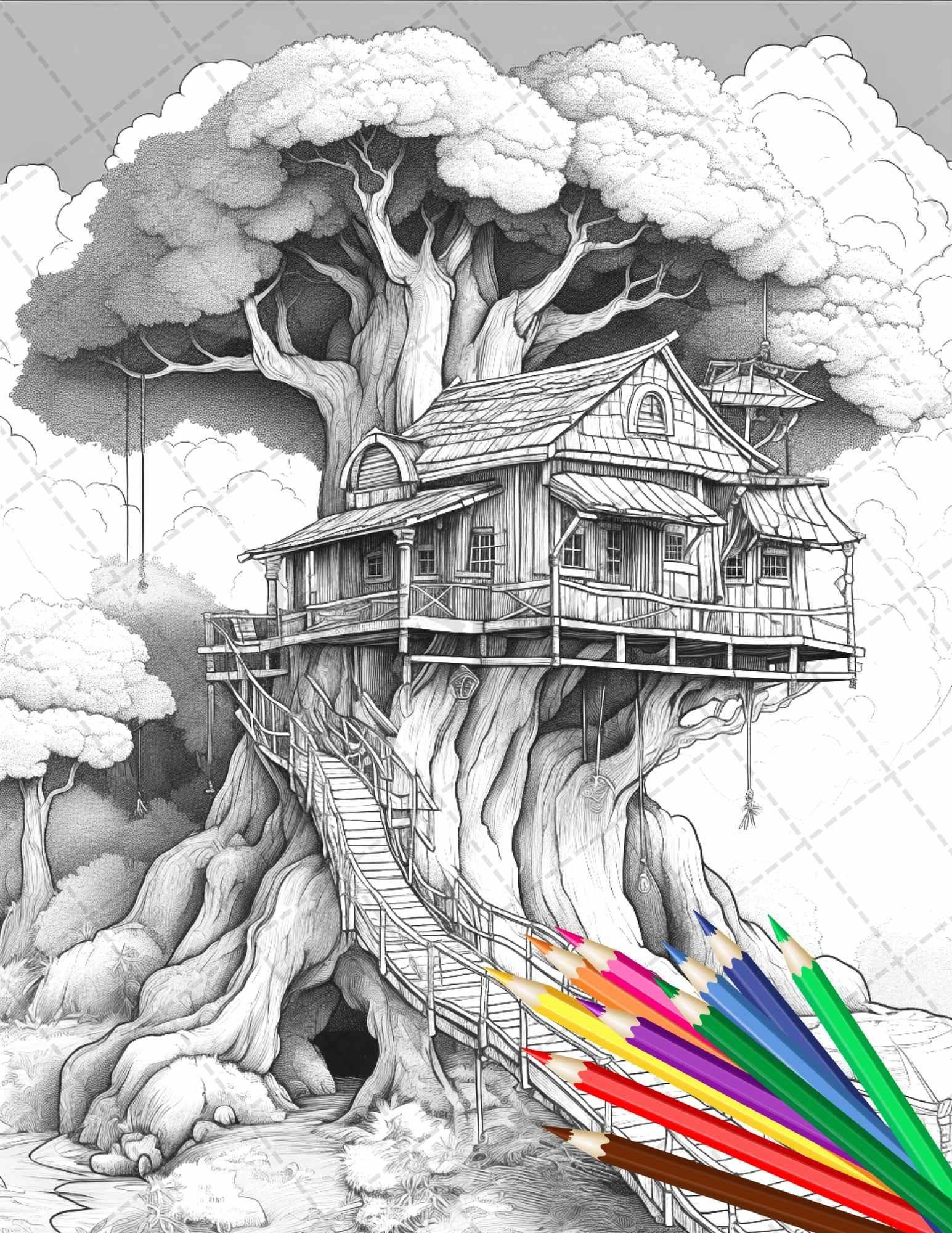 110 Enchanted Treehouse Coloring Book Printable for Adults, Grayscale Coloring Page, PDF File Instant Download