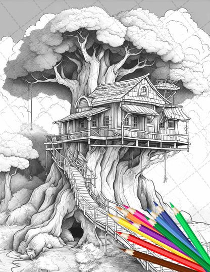 110 Enchanted Treehouse Coloring Book Printable for Adults, Grayscale Coloring Page, PDF File Instant Download