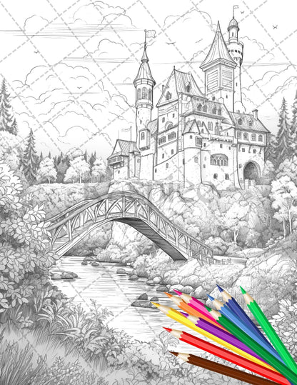 122 Fantasy Castles Coloring Book for Adults, Grayscale Coloring Page, Printable PDF Instant Download