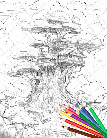 110 Enchanted Treehouse Coloring Book Printable for Adults, Grayscale Coloring Page, PDF File Instant Download
