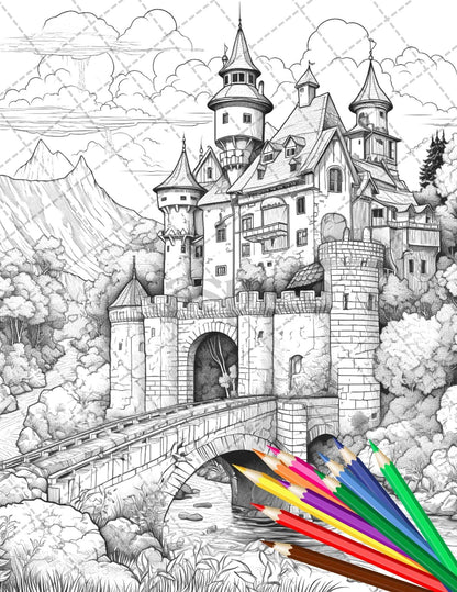 122 Fantasy Castles Coloring Book for Adults, Grayscale Coloring Page, Printable PDF Instant Download