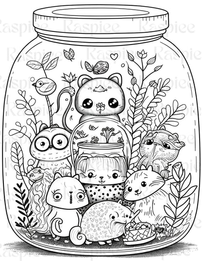 100 Animal in Jar Coloring Pages, Printable Coloring Pages for Kids and Adults, Printable PDF File Instant Download