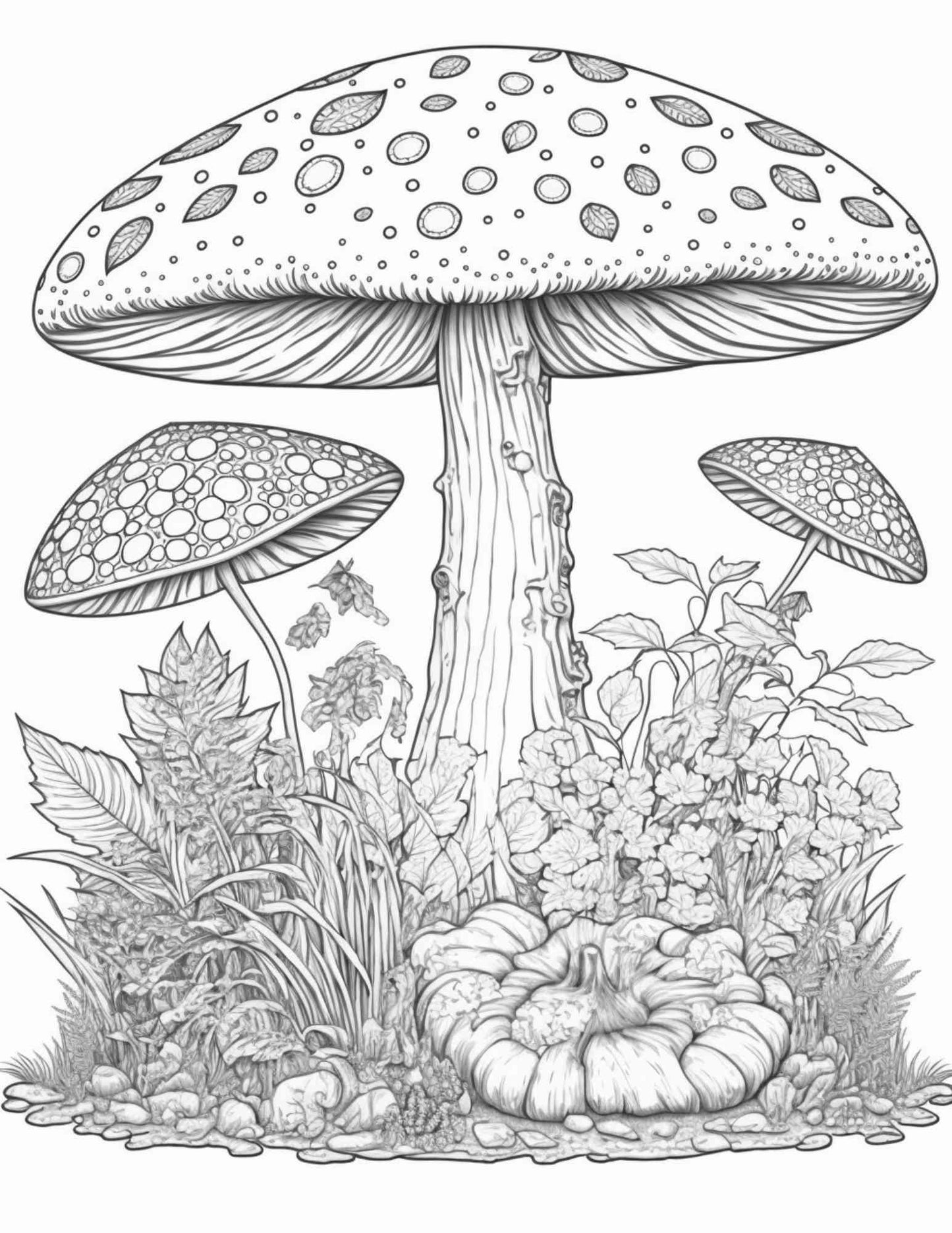 100 Mushroom Forest Coloring Pages Printable for Adults and Kids, Grayscale Coloring Book, Printable PDF File Instant Download