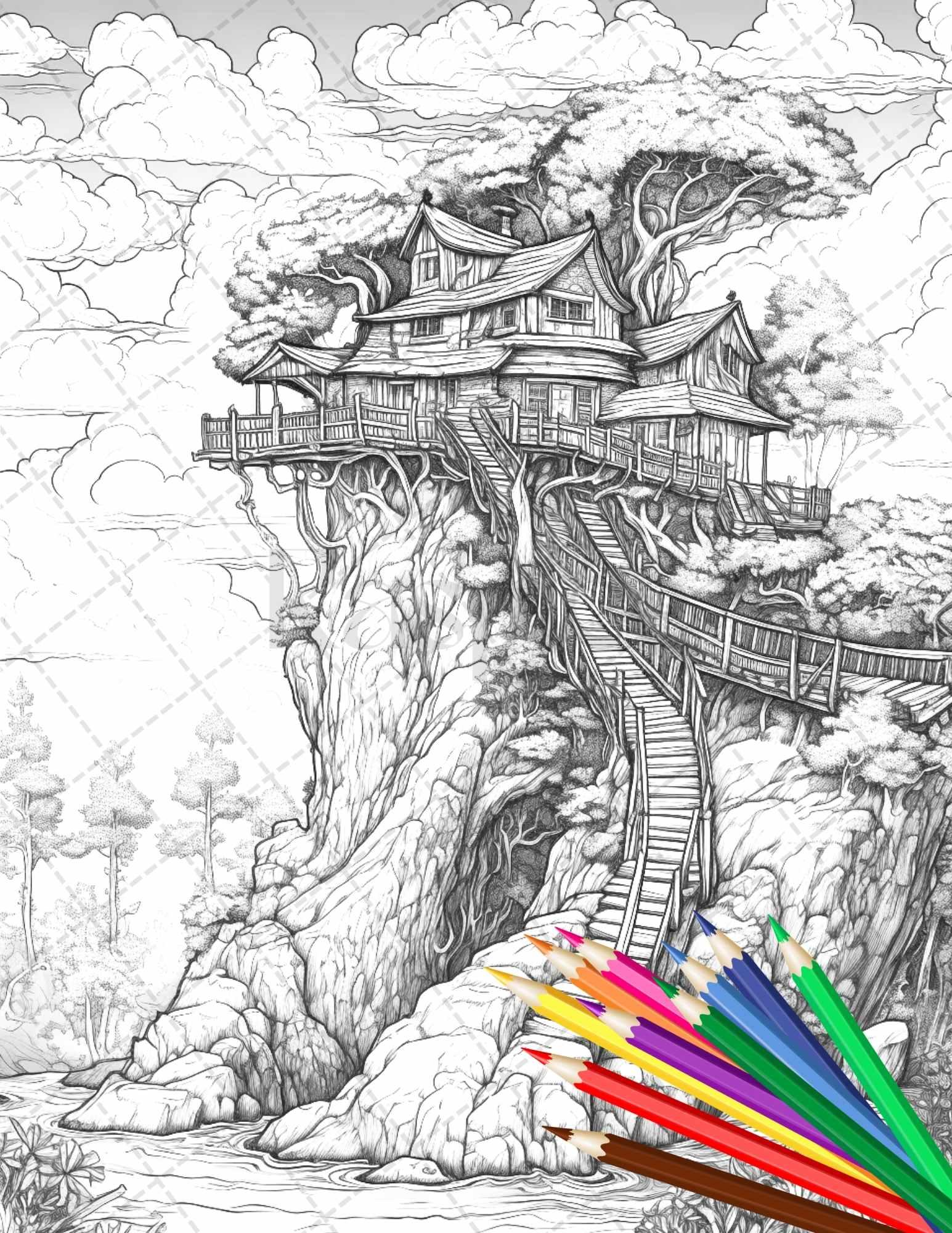 110 Enchanted Treehouse Coloring Book Printable for Adults, Grayscale Coloring Page, PDF File Instant Download