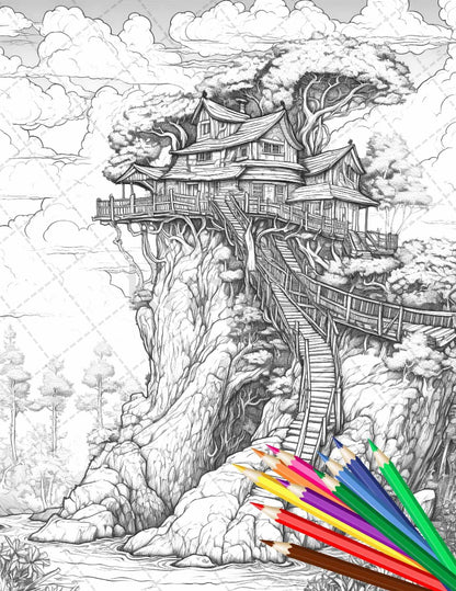 110 Enchanted Treehouse Coloring Book Printable for Adults, Grayscale Coloring Page, PDF File Instant Download