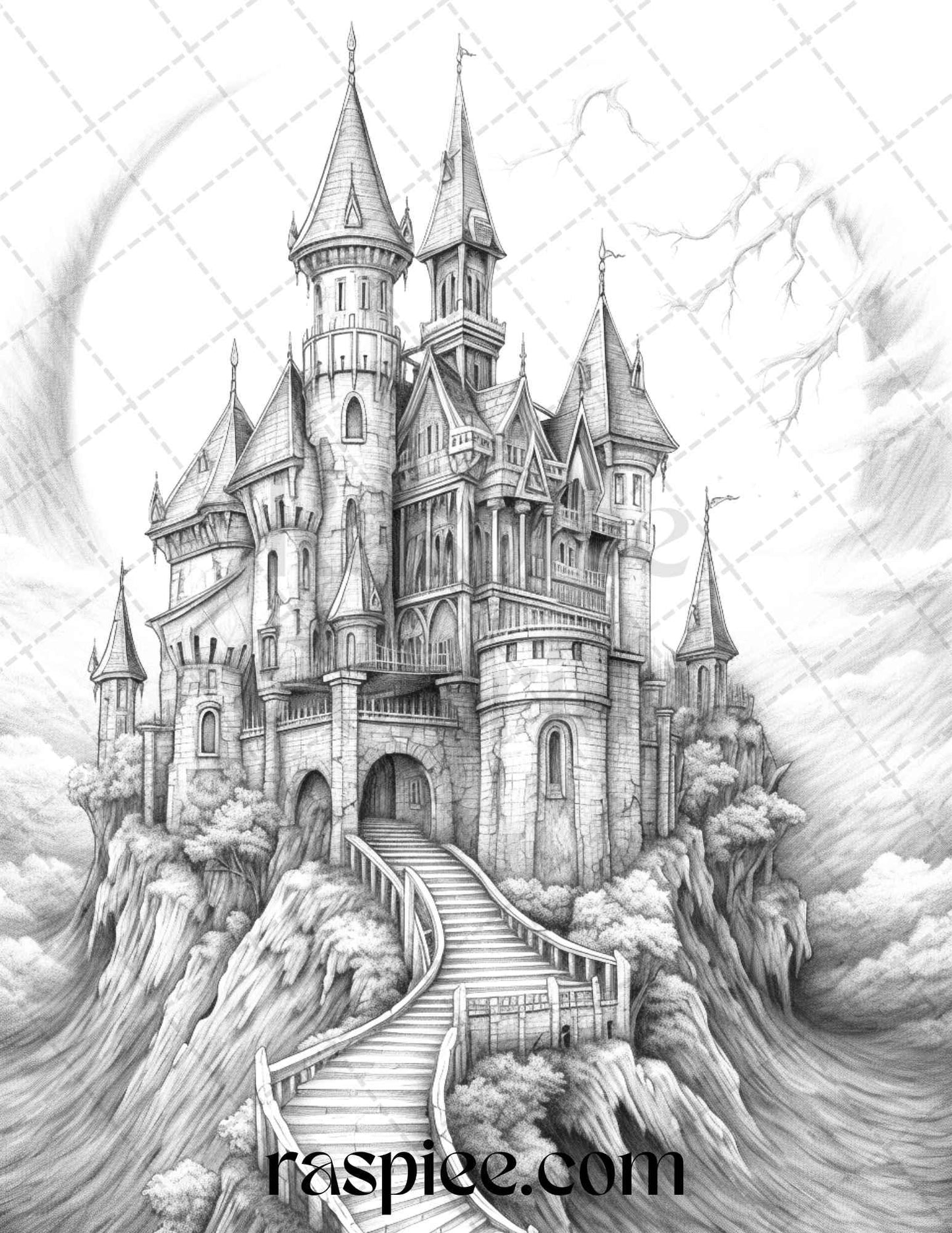 50 Haunted Castles Grayscale Coloring Pages Printable, Halloween Coloring Book, PDF File Instant Download