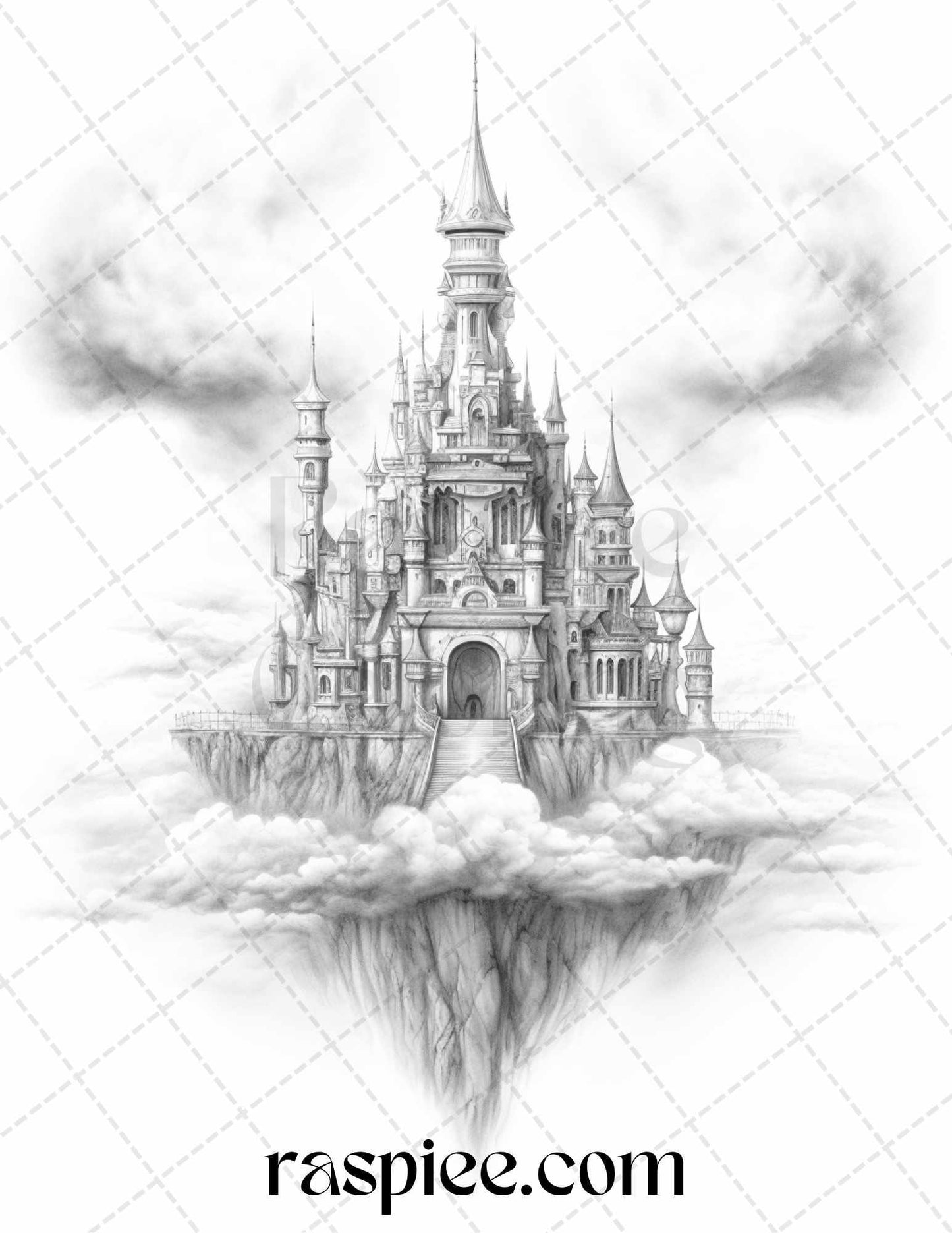 Floating Castle in the Sky Grayscale Coloring Pages for Adults, Printable PDF File Instant Download