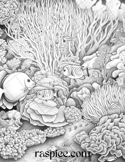 Ocean Life Grayscale Coloring Pages Printable for Adults Relaxation and Creativity, PDF File Instant Download