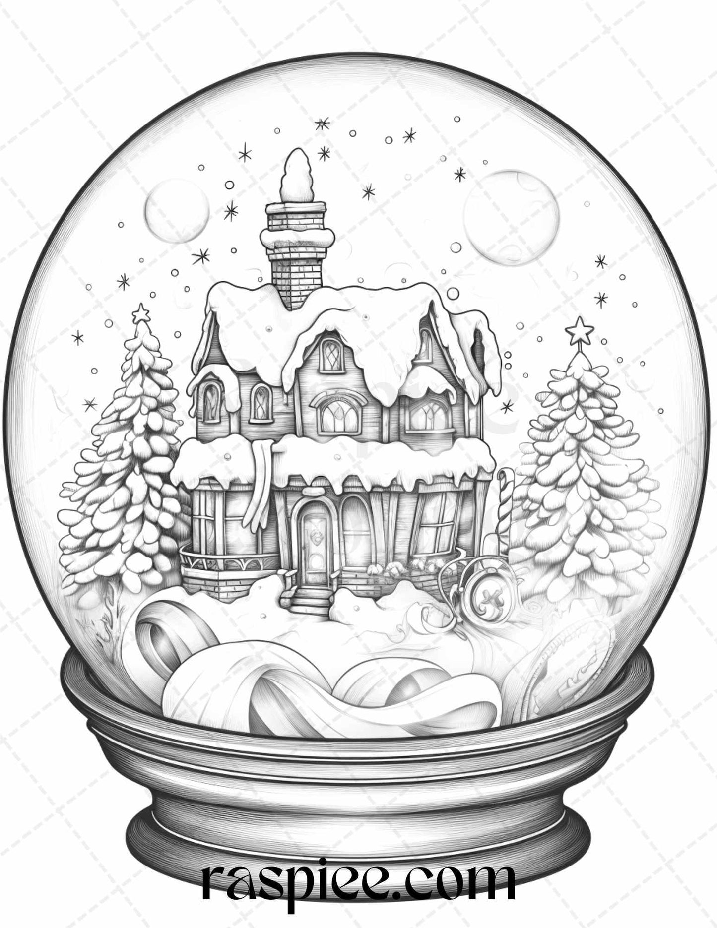 Cozy Cabin in Snow Globe Grayscale Coloring Pages Printable for Adults, PDF File Instant Download