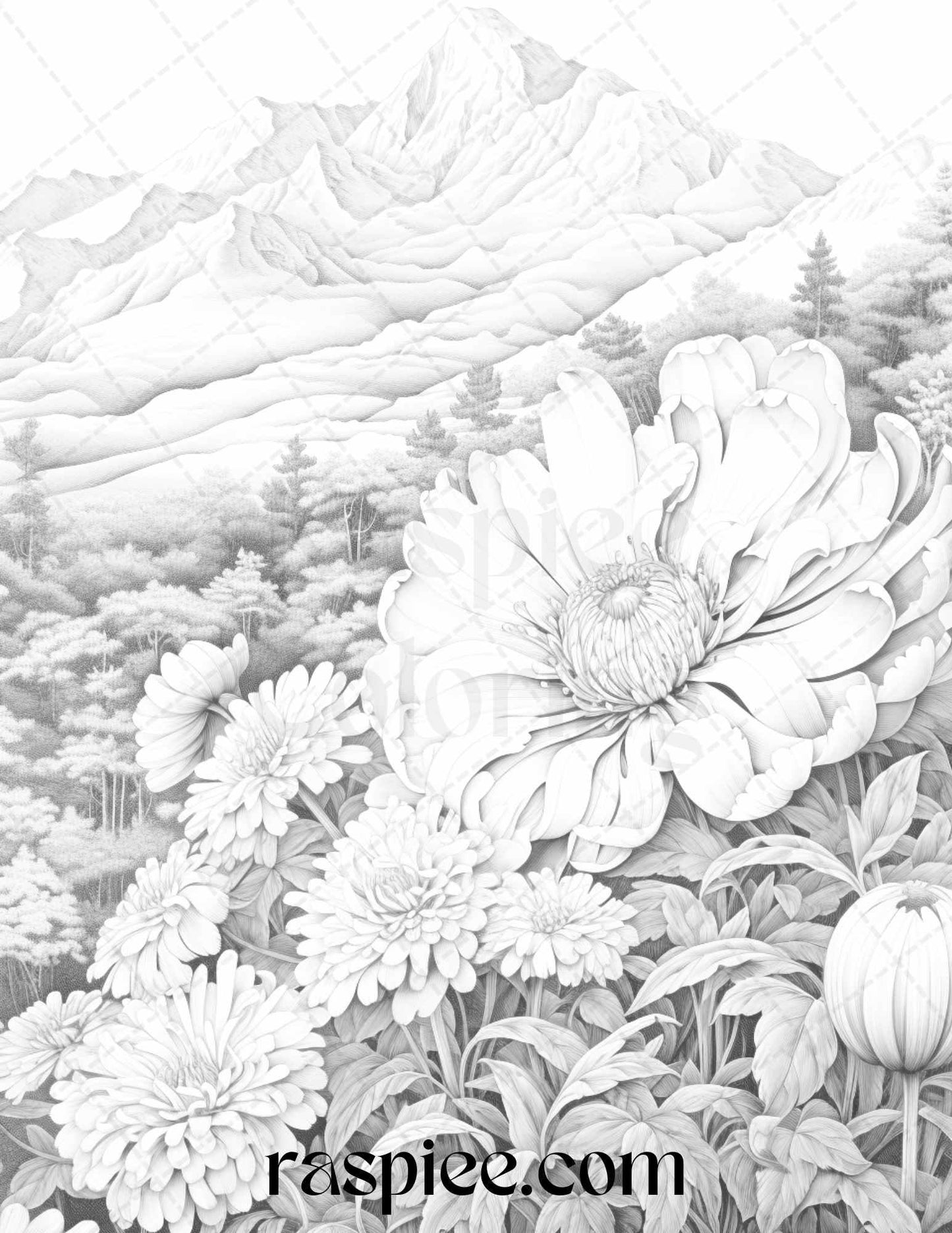 60 Mountain Flower Landscapes Grayscale Coloring Pages Printable for Adults, PDF File Instant Download