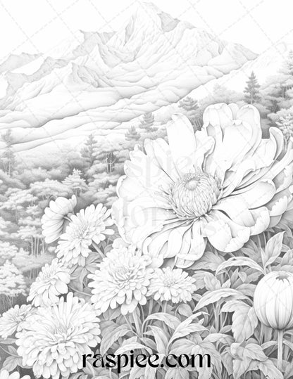 60 Mountain Flower Landscapes Grayscale Coloring Pages Printable for Adults, PDF File Instant Download