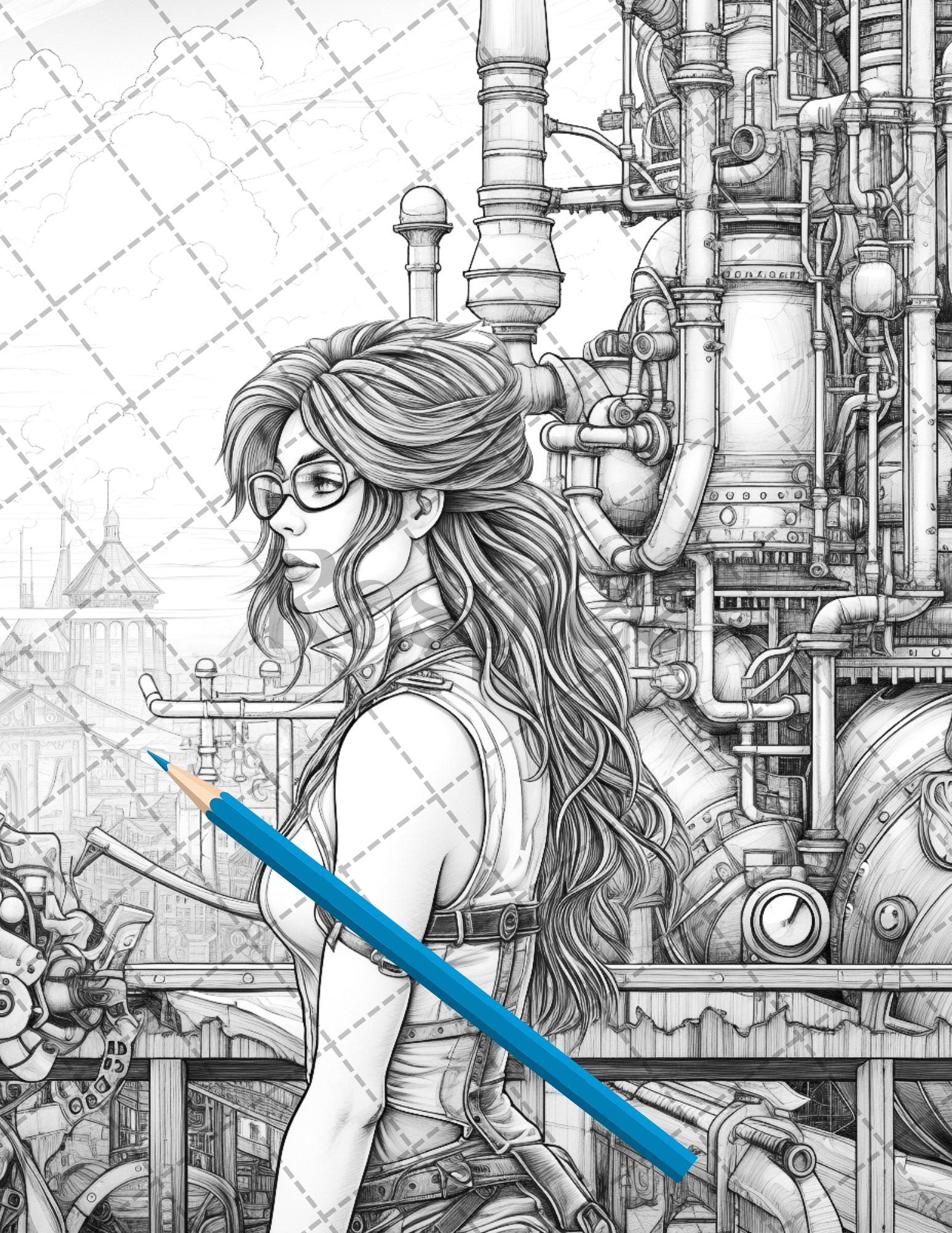 30 Steampunk Girls Coloring Pages Printable for Adults, Victorian Inspired Adult Grayscale Coloring Book, PDF File Download