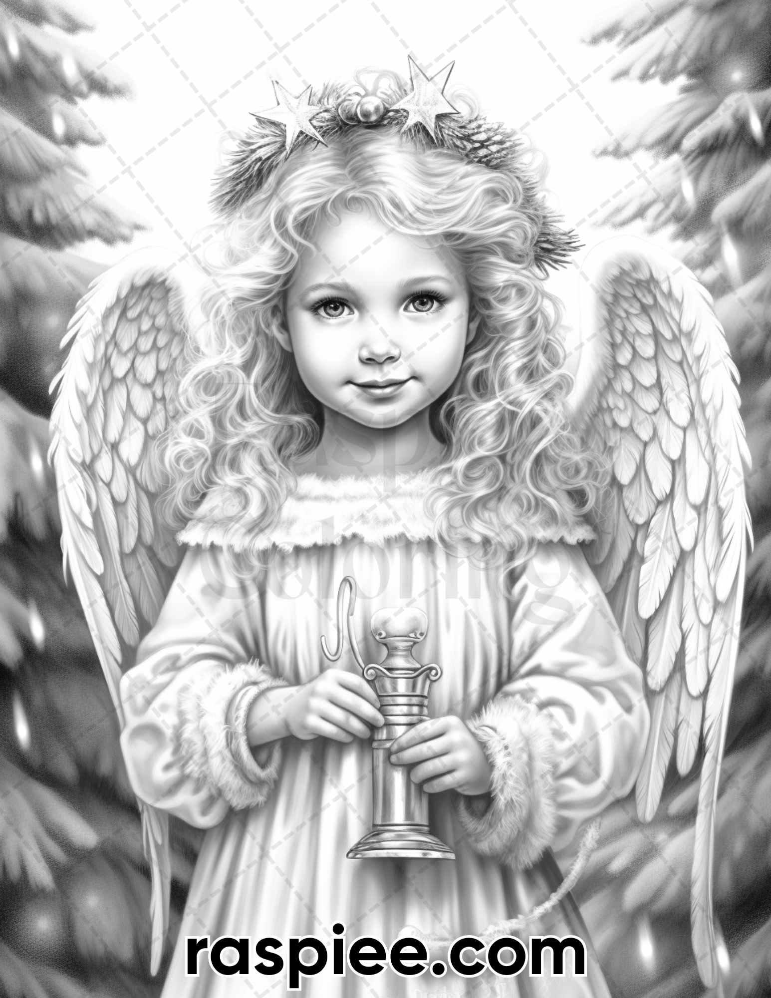 55 Christmas Angel Grayscale Coloring Pages for Adults, Printable PDF Instant Download