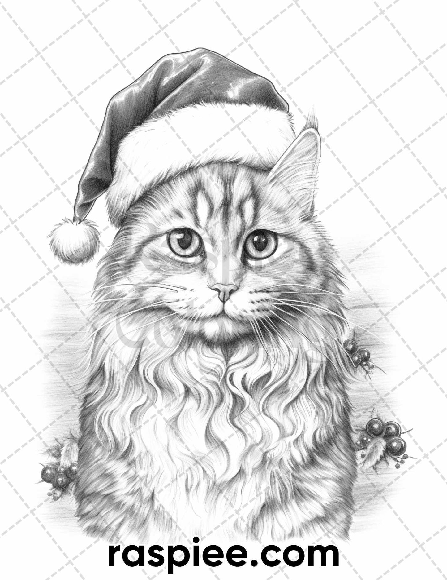 40 Christmas Cats Grayscale Coloring Pages for Adults, Printable PDF Instant Download