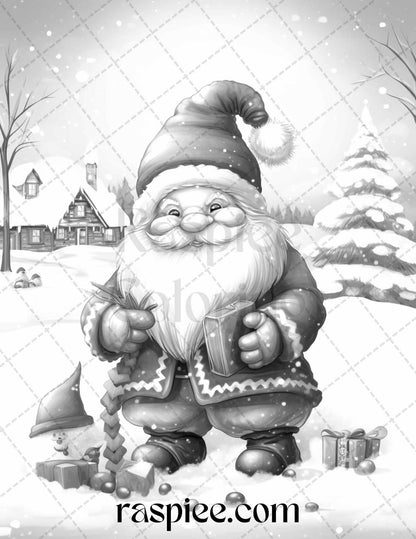 60 Christmas Gnomes Grayscale Coloring Pages Printable for Adults and Kids, PDF File Instant Download