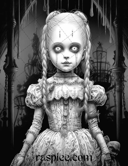 50 Scary Victorian Dolls Grayscale Coloring Pages Printable for Adults, PDF File Instant Download