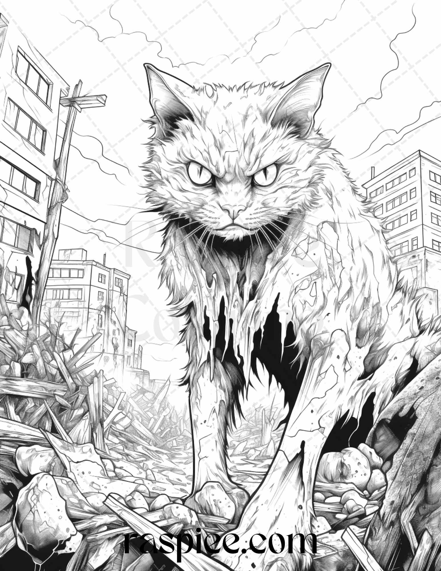 66 Horror Zombie Animals Grayscale Coloring Pages Printable for Adults, PDF File Instant Download