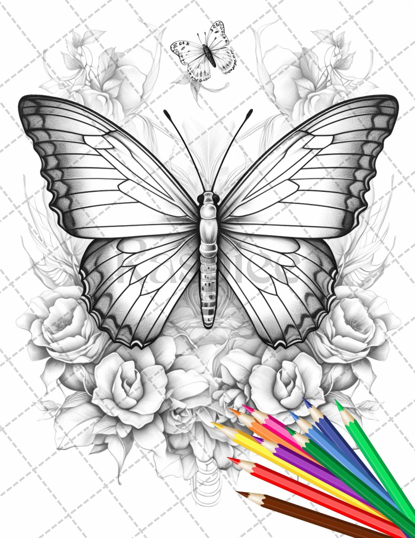 32 Beautiful Moths and Floral Coloring Book for Adults, Grayscale Coloring Page, Printable PDF Instant Download
