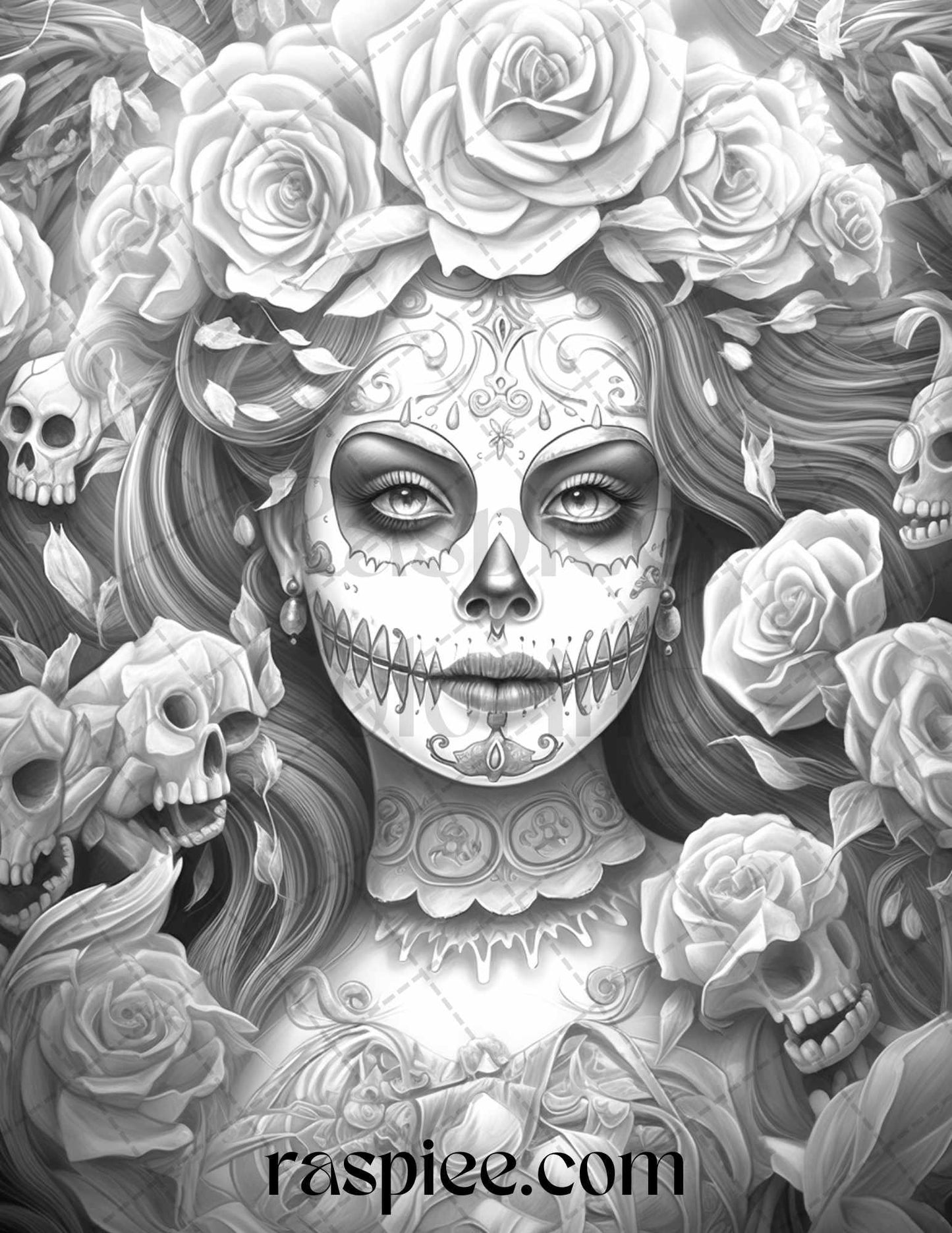 50 Day of the Dead Grayscale Coloring Pages Printable for Adults, PDF File Instant Download